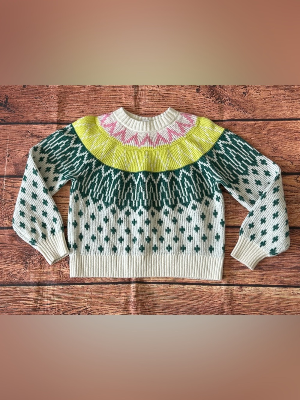 Old Navy Fair Isle Mock Neck Pullover Sweater Size L (10/12) Kids White Green